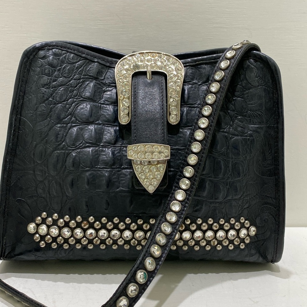 RAVIANI Western Black Croc Embossed, Crystal Studded Shoulder Bag